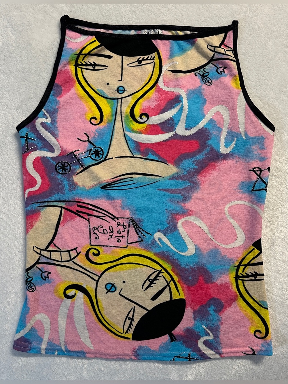 Y2K ANGELA USA women's colourful graphic portrait style sleeveless top, S.